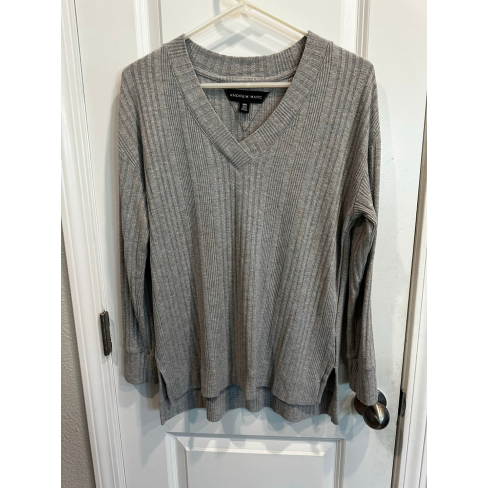 Andrew Marc Gray Ribbed V-Neck Sweater S